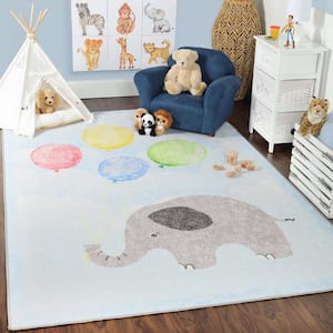 Nursery Baby Blue 5 ft. 7 in. x 8 ft. 9 in. Elephant Bright Non-Slip Area Rug
