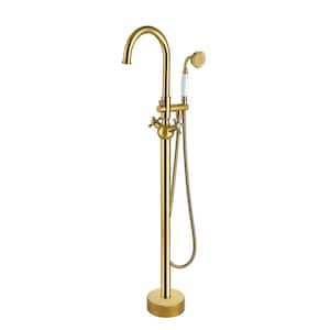 2-Handle Floor Mount Freestanding Tub Faucet with Hand Shower in. Titanium Golded