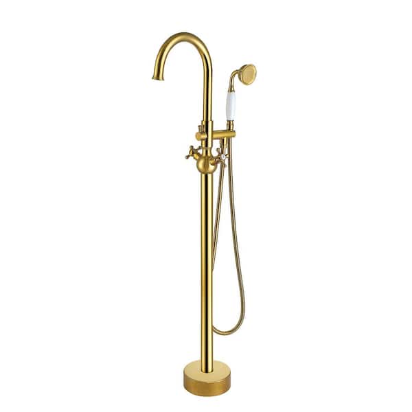 2-Handle Floor Mount Freestanding Tub Faucet with Hand Shower in. Titanium Golded