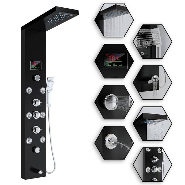 Kingdely 48 in. 8Jet Shower Tower Shower Panel System Black Stainless Steel With LED Rainfall