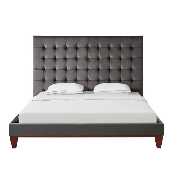 Telford Grey Velvet Button Tufted Platform King Bedframe