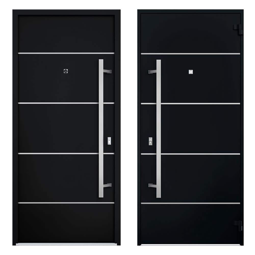 Modern Black Enamel Metal Exterior Prehung Door with Sidelites
