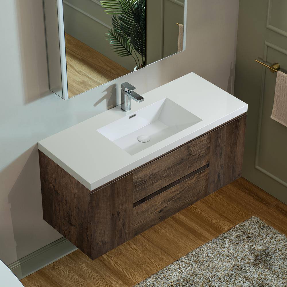 47" Rose Wood Floating Vanity with White Resin Top
