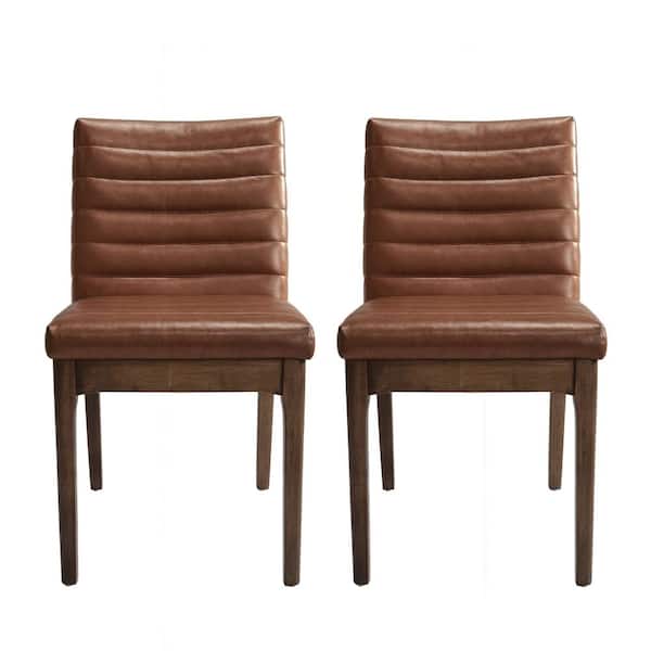 Doland Cognac Brown Faux Leather Channel Stitch Dining Chairs (Set of 2)