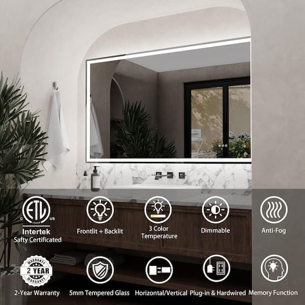 60 in. W x 36 in. H Rectangular Frameless Anti-Fog Dimmable Wall Bathroom Vanity Mirror with Backlit and Front Lit