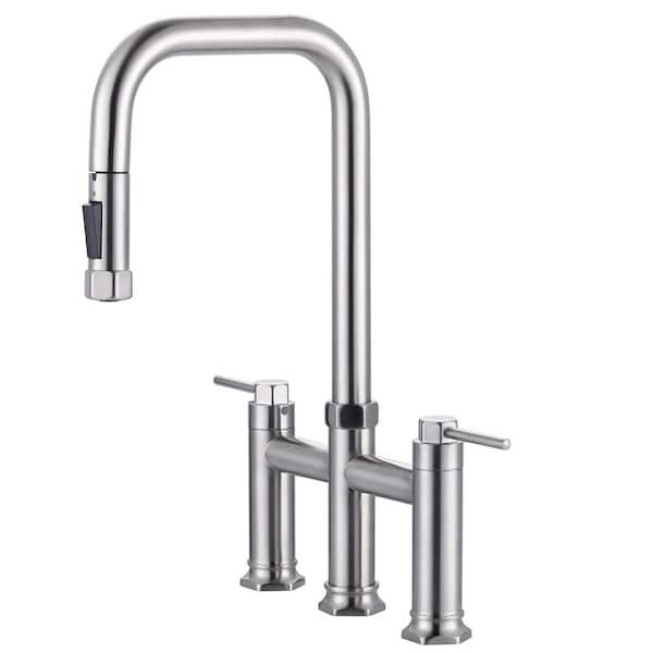 3 Holes Double Handle Brass Bridge Kitchen Faucet with Pull Down Sprayer and Supply Lines in Brushed Nickel