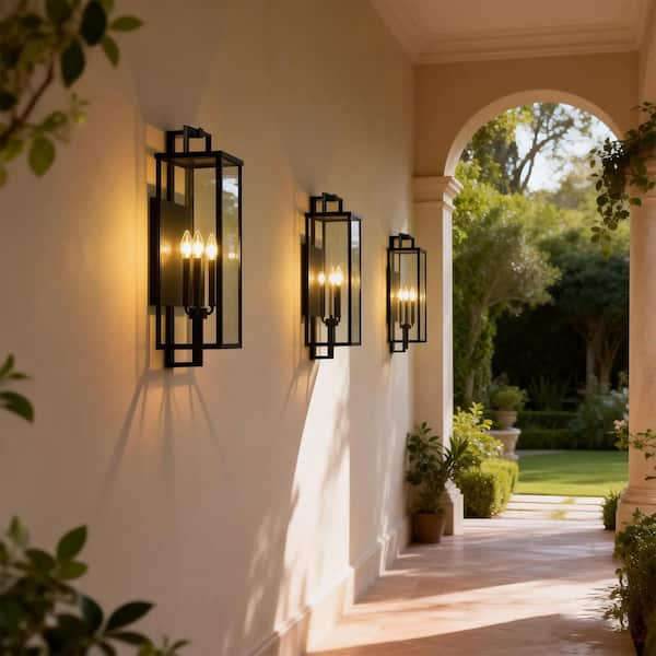 27 in. 3-Light Matte Black Hardwired Large Outdoor Wall Light Lantern Porch Sconce with Clear Glass, No Bulbs Included