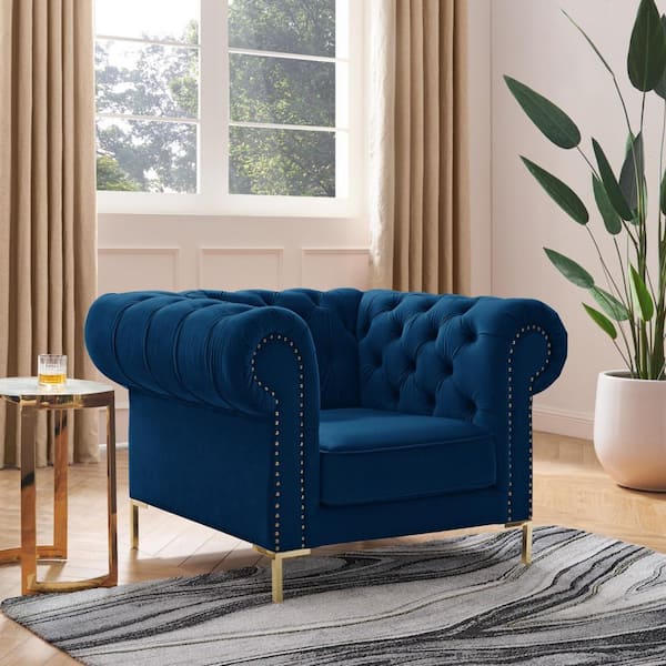 HomeRoots Amelia 30.5 in. Navy Blue Velvet Arm Chair