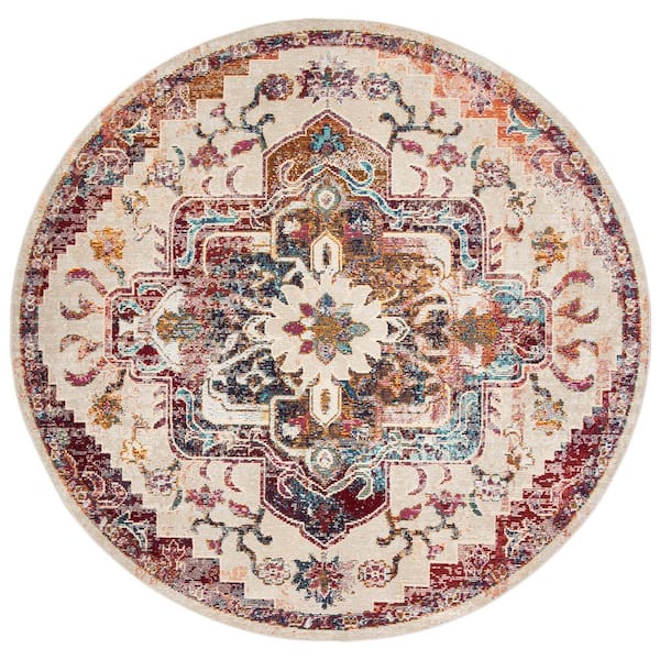 Crystal 8 ft. x 8 ft. Round Light Blue/Burgundy Distressed Border Area Rug