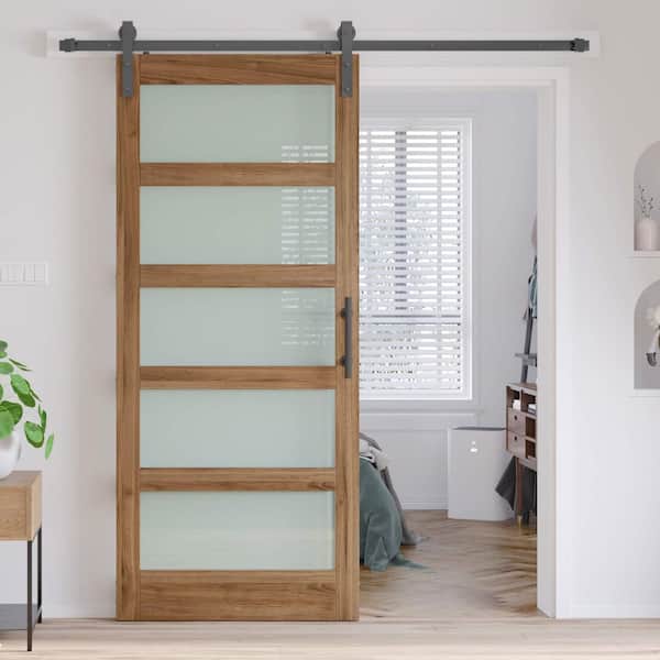 36 in. x 84 in. 5-Lite Tempered Frosted Glass Brown Finished Solid Core MDF Sliding Barn Door with Hardware Kit