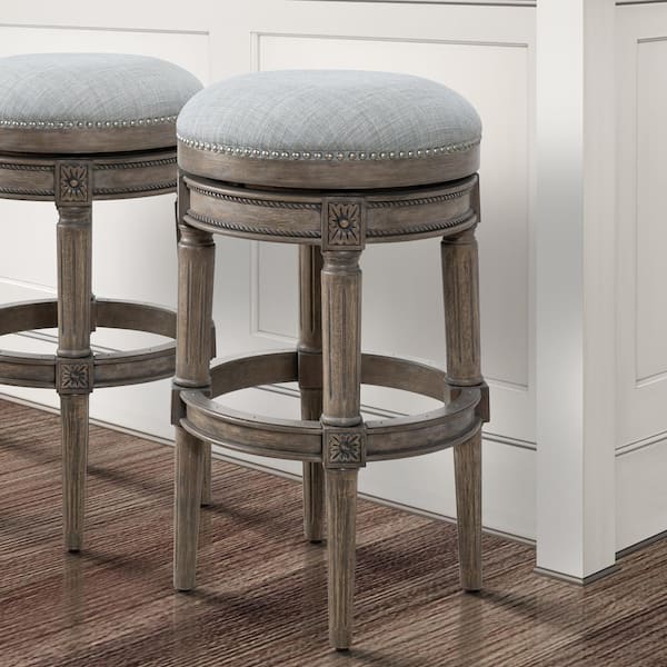 NewRidge Home Goods Chapman 31 in. Weathered Gray Backless Wood Swivel Bar Stool with Upholstered Gray Seat, 1-Stool