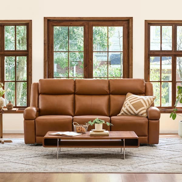 Axel 85.8 Straight Arm Dual Motors Wall Hugger Genuine Leather Rectangle Power Reclining Sofa in Saddle with USB Charge