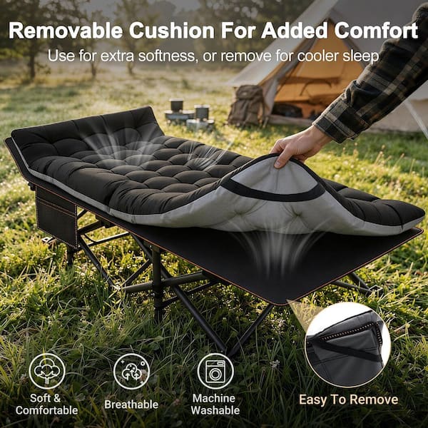 Oversize Folding Camping Cot,XL Sleeping Cot With Mattress, Carry Bag, Black