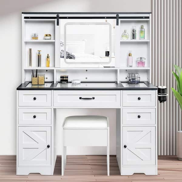 HOMESTOCK 4-Drawers White Makeup Vanity Sets Dressing Table Sets with Stool, Mirror, LED Light and 4 Compartment Storage Shelves