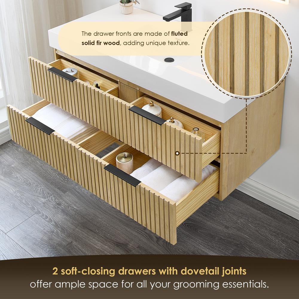 Livia 48" Nature Brown Fir Wood Wall-Mounted Vanity with White Sink