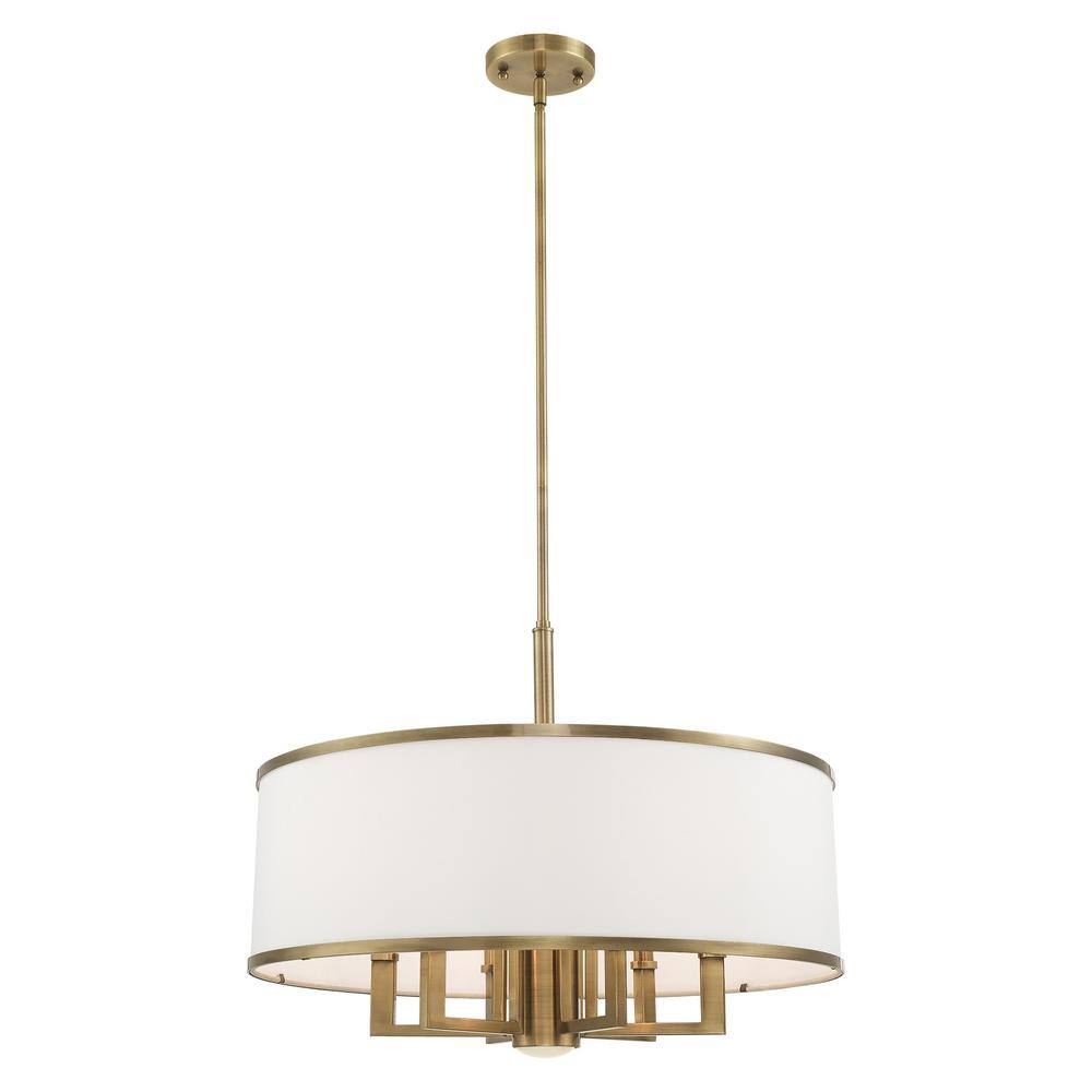 Antique Brass 6-Light Drum Pendant with Off-White Shade