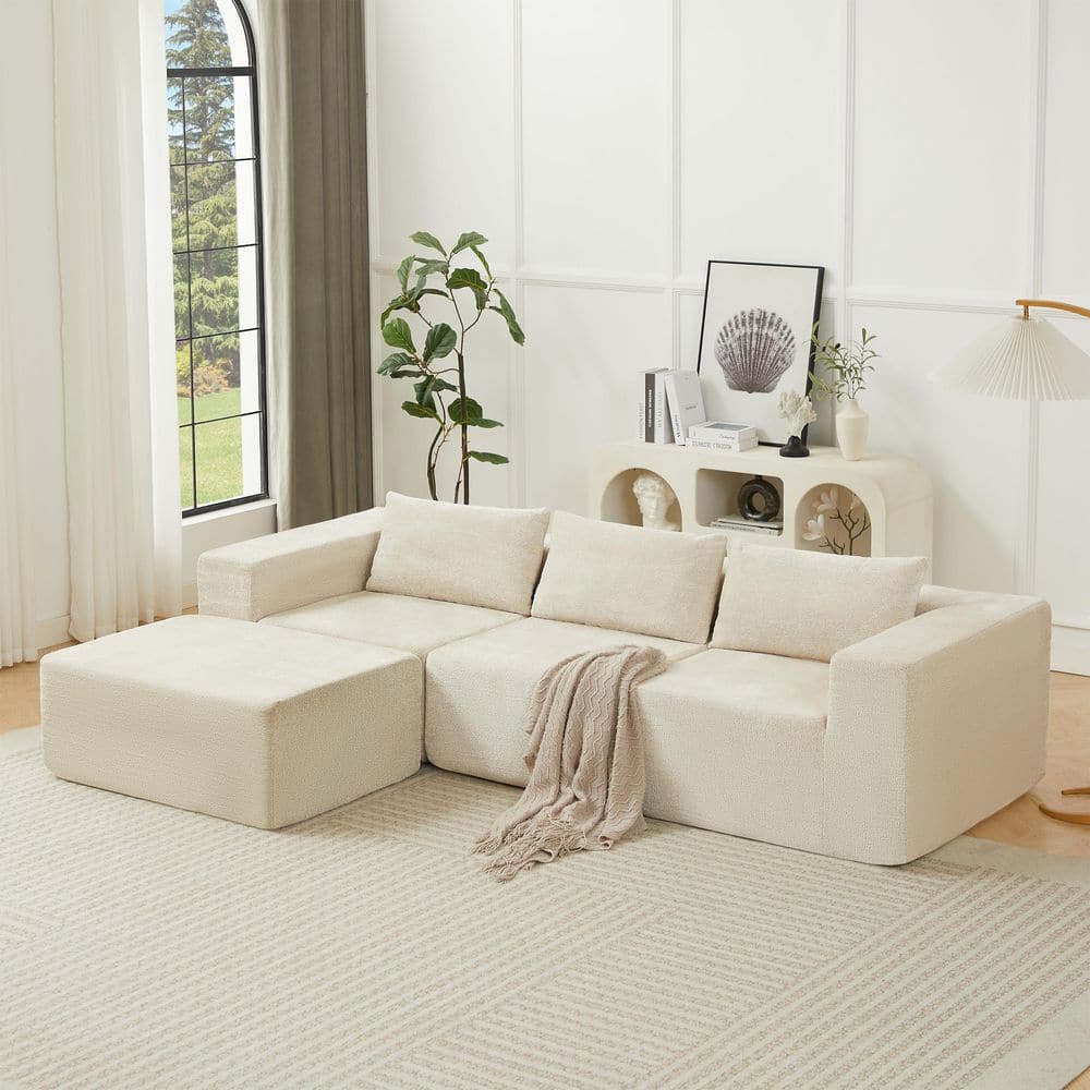 Ajax Modern 107.2 in. 4-Piece Upholstery Corduroy Modular Compressed Sectional Sofa in Khaki with Ottoman, Pillows