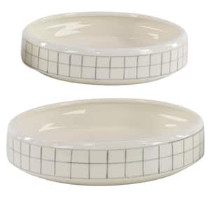 Round 15 in. and 13 in. White Planters with Gray Squares (Set of 2)