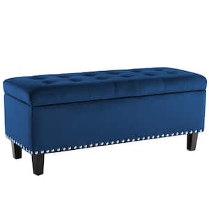 40.5 in. L Navy Blue Velvet Rectangle Bench Ottoman with Storage