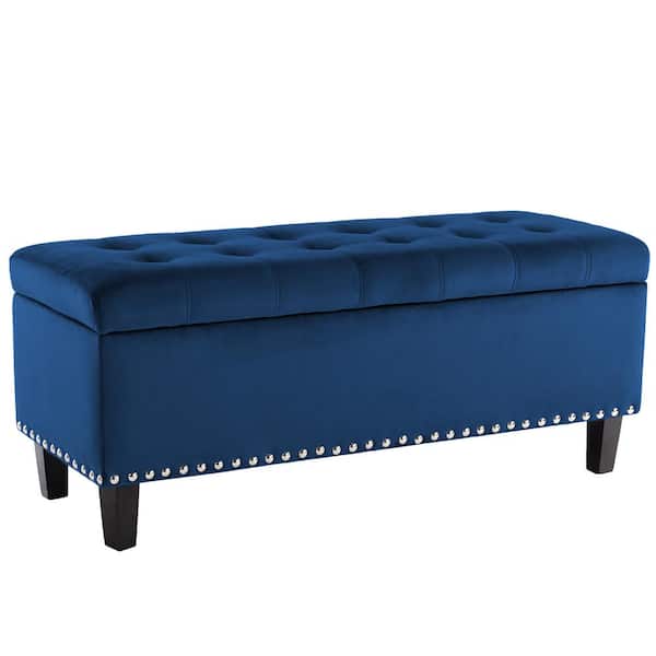 Uixe 40.5 in. L Navy Blue Velvet Rectangle Bench Ottoman with Storage