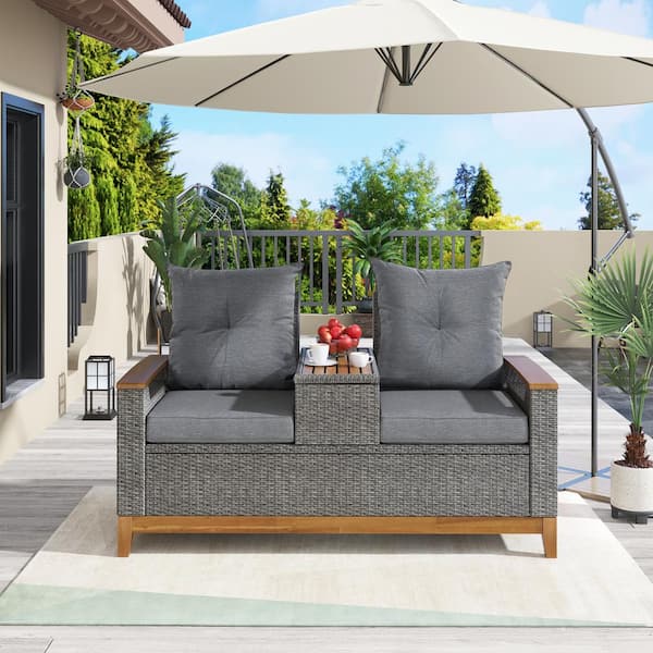 Zeus & Ruta Gray Wicker Outdoor Loveseat with Storage Space Gray Cushion Suitable For Courtyards, Swimming Pools