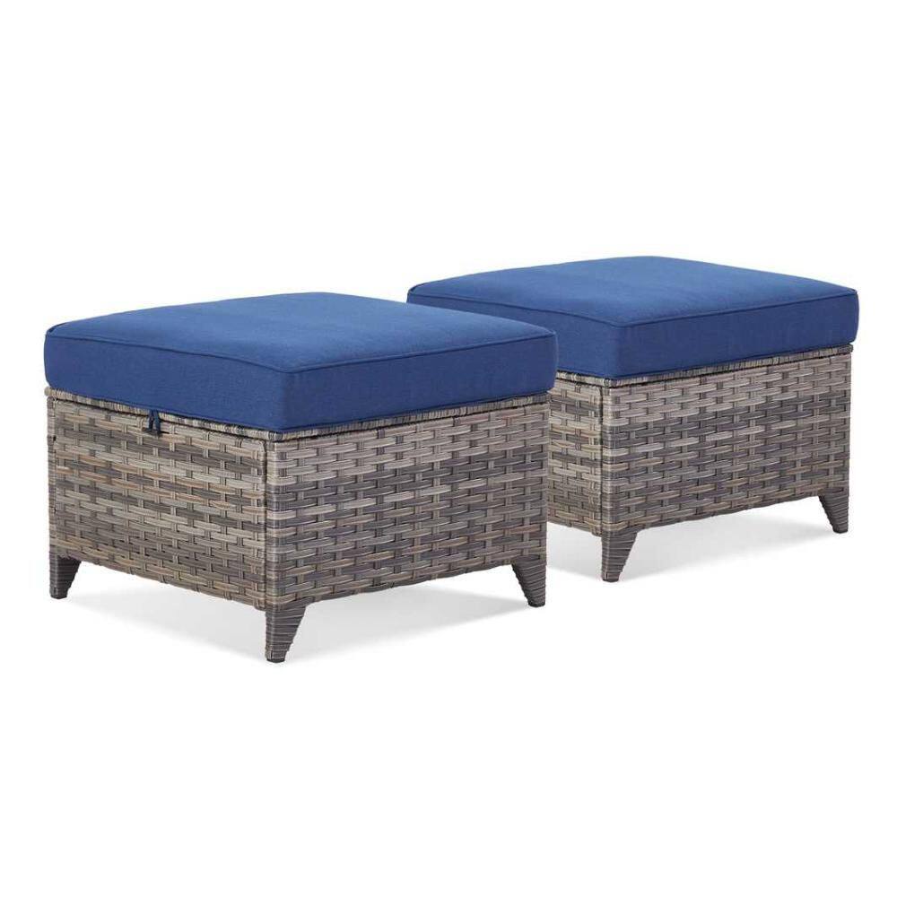 New Kalixx Gray Wicker Outdoor Patio Ottoman with Blue Cushions (Set of 2)