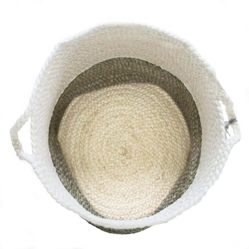 Handmade Round Jute Storage Basket with Gray and White Stripes