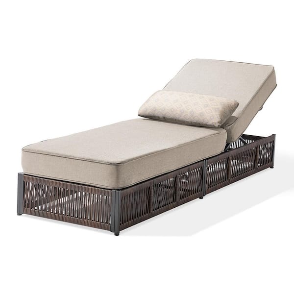 RWoven Brown Wicker Outdoor Chaise Lounge Chairs for Outside Patio Adjustable Backrest Lounger with Beige Cushions