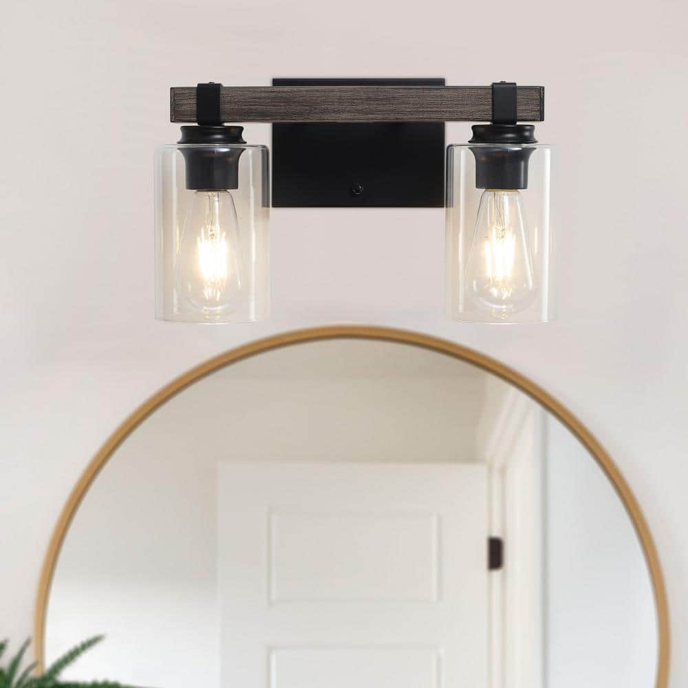 14.96'' Black and Wood Grain Metal Vanity Light with Clear Glass Shades
