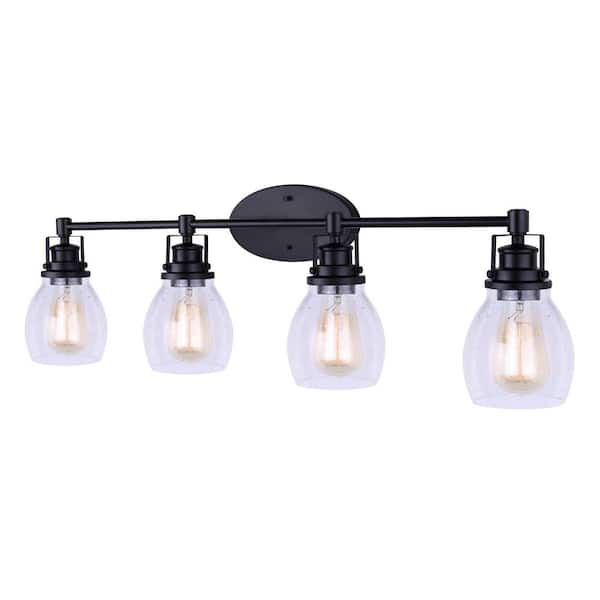 CANARM Carson 33 in. 4-Light Matte Black Vanity Light with Seeded Glass Shade