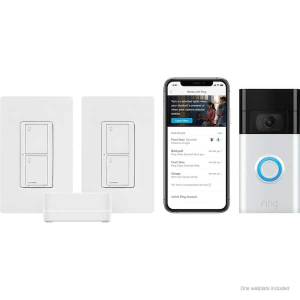 Lutron Caseta Smart Lighting Switch (2 Count, Neutral Req.) Kit w/Ring 1080p Smart Video Doorbell (2020 Ver.) (PRCASETA-2SW-HD)