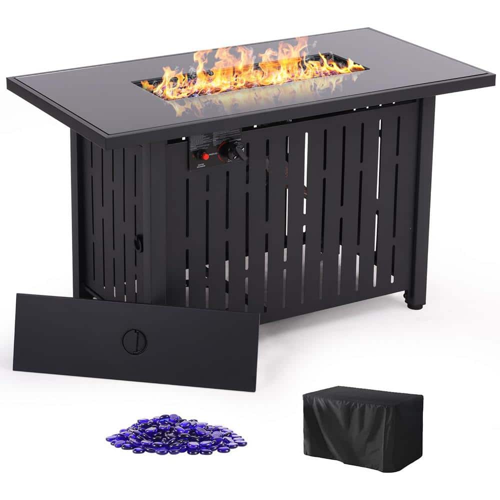 Black 43 in. Rectangular Steel Fire Pit Table 50,000 BTU Propane Gas with C