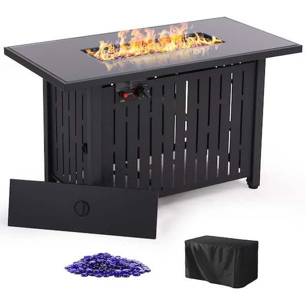 Unbranded Black 43 in. Rectangular Steel Fire Pit Table 50,000 BTU Propane Gas with Cover, Glass Beads