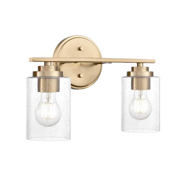 Moven 14.25 in. 2 light Modern Gold Vanity Light with Seeded Glass Shades