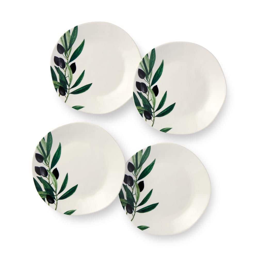 Olivia 6-Inch Ceramic Canapé Plates with Olive Branch Design, Set of 4