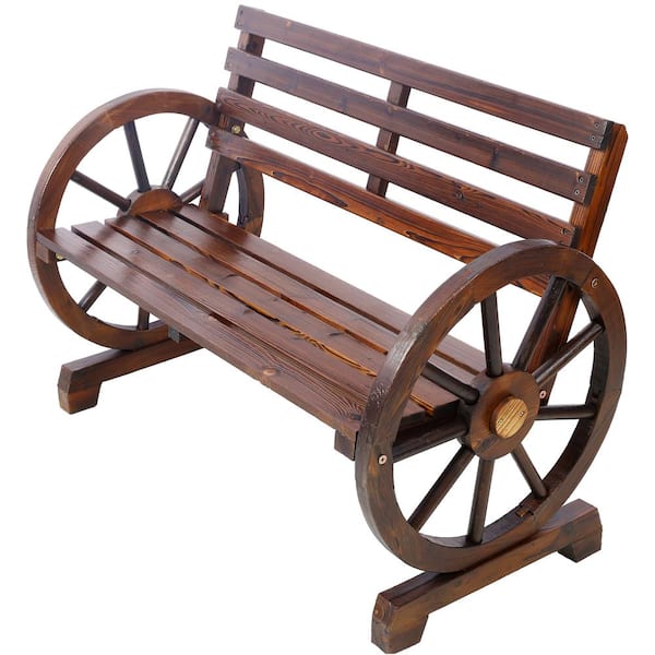 Unbranded 2-Person Brown Wood Wagon Wheel Outdoor Bench with Rustic Country Design Slatted Seat and Backrest