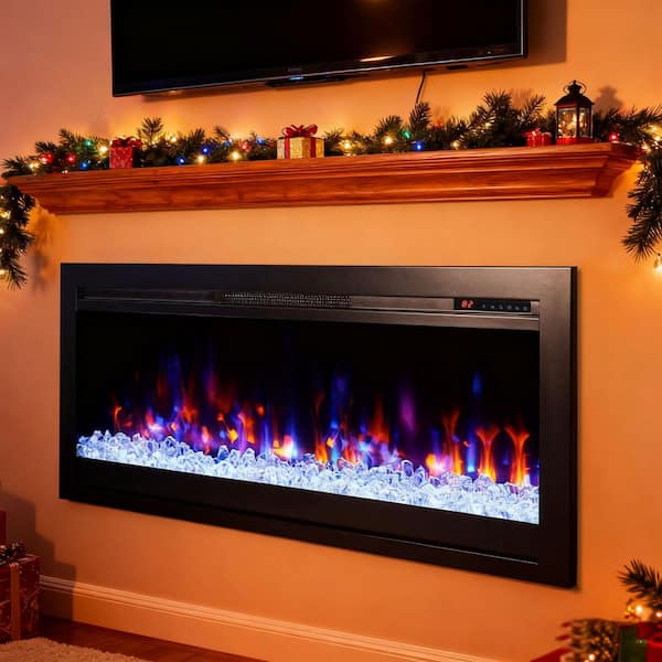 44 in. Wall Mount/Recessed LED Electric Fireplace with Multi-Color Flame, Temperature Adjustment in Black