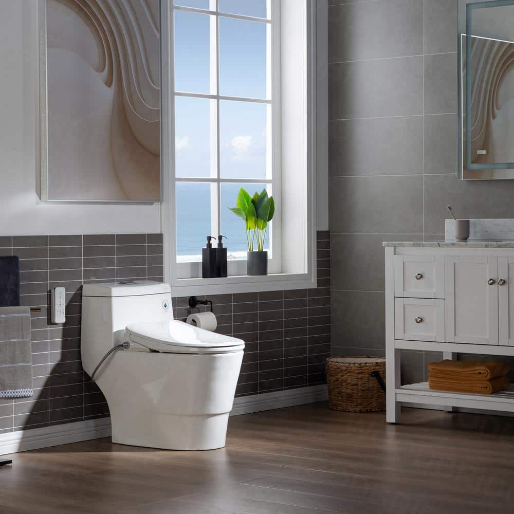 White Porcelain One-Piece Elongated Dual Flush Toilet with Smart Bidet Seat