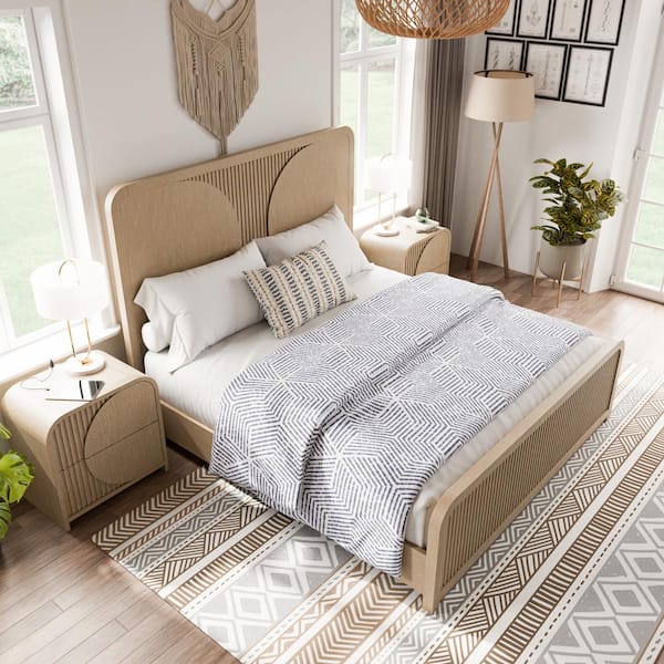 Furniture of America Fair Stone 3-Piece Natural Boho Wood Queen Bedroom Set with 2 Nightstands