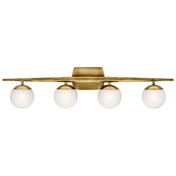 Jasper 32.25 in. 4-Light Natural Brass Halogen Mid-Century Modern Bathroom Vanity Light with Etched Glass Shade