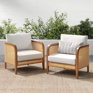 Twila Bohemian Light Acacia Wood Patio Chairs, Solid Wood Bohemian Outdoor Chair with Linen White Cushions, Set of 2