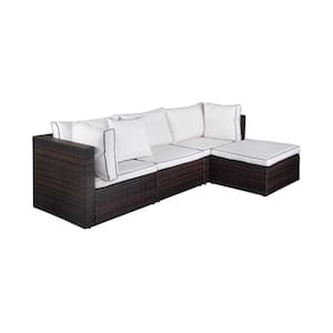 TAZZ 4-Piece Rattan Outdoor Sectional with Cushions and Throw Pillow with Brown/White