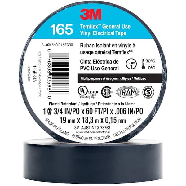 3/4 in. x 60 ft. Multi-Purpose Vinyl Electrical Tape, Durable Elastic PVC and Rubber-Based Adhesive, Black, 10-Roll Pack