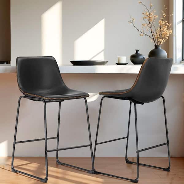 WONDER COMFORT Black Faux Leather 30 in. Counter Height Bar Stools Set of 2 with Back and Metal Leg for Kitchen Island