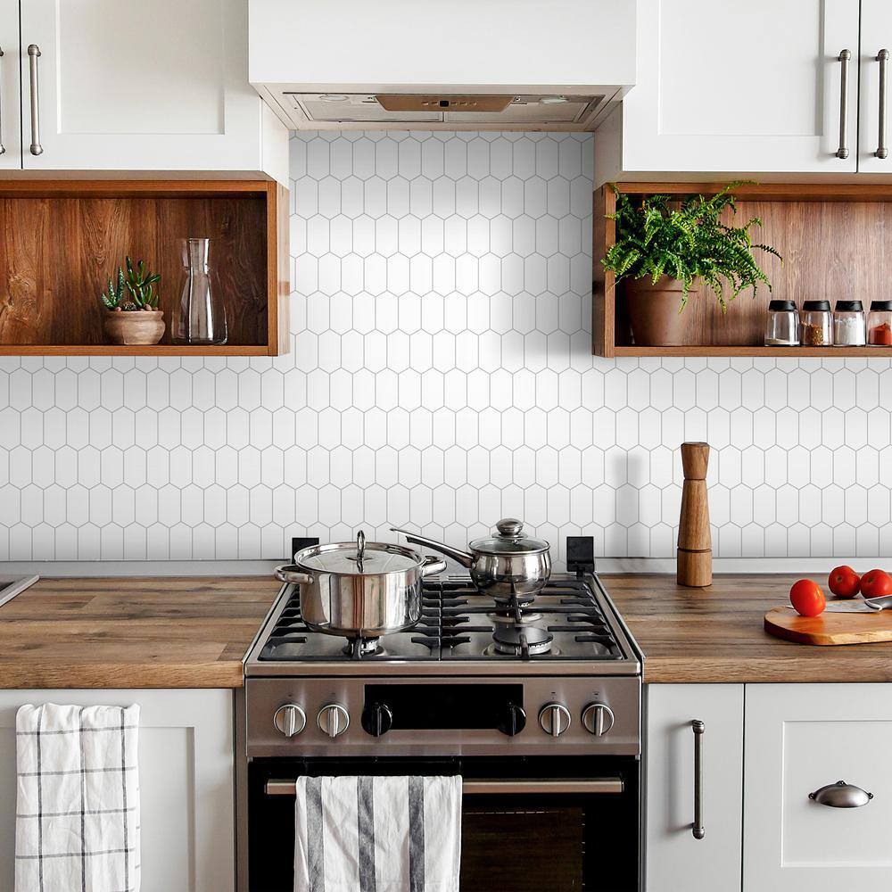 White Hexagonal Peel and Stick Stone Mosaic Tile Sheet
