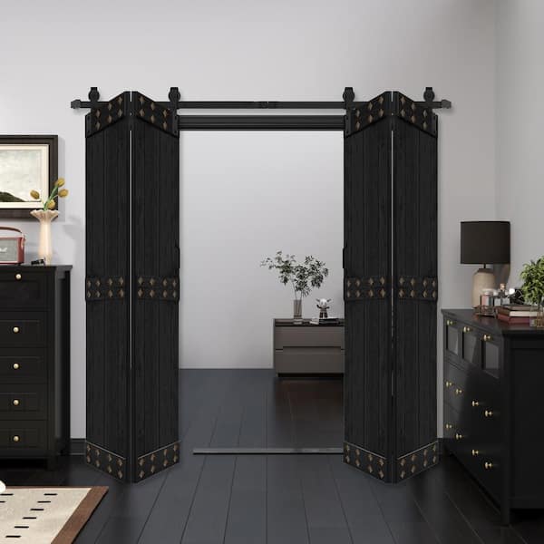 ISLIFE Mid-Bar Style 72 in. x 84 in. (18 in. x 84 in. 4-Panels) Black Finish Solid Wood Bi-Fold Door Hardware Kit Assembly Need