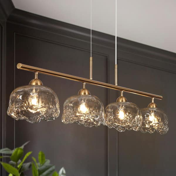 44.5 in. W 4-Light Plated Brass Island Linear Chandelier with Clear Hand-Blown Glass, Large Dining Room Kitchen Pendant