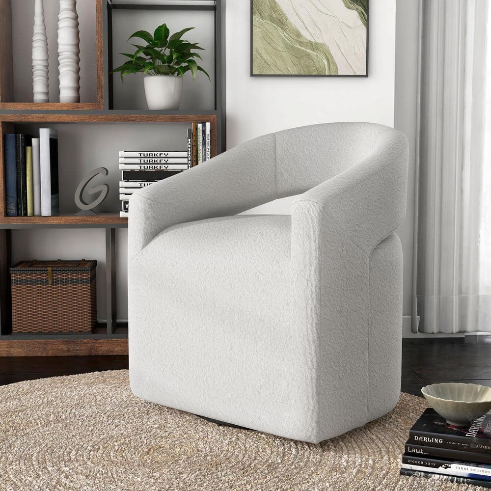 White Boucle Upholstered Swivel Barrel Accent Chair