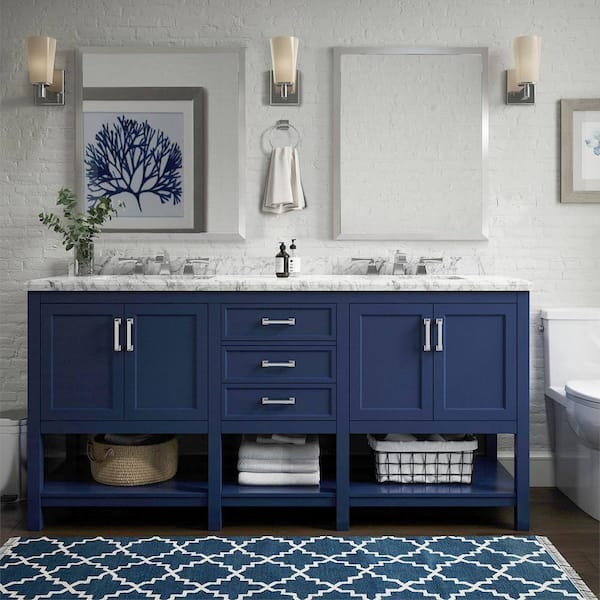 Design Element Affinity 72" Modern Bathroom Vanity in Blue with Carrara White Marble Countertop