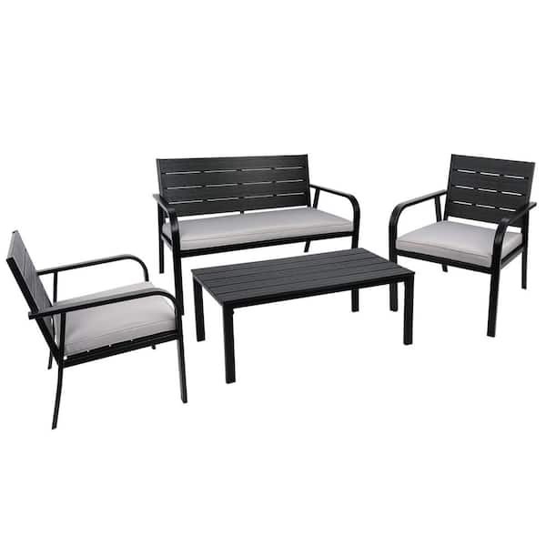 Sudzendf 4 Pieces Patio Garden Sofa Conversation Set PE Steel Frame with Gray Cushions